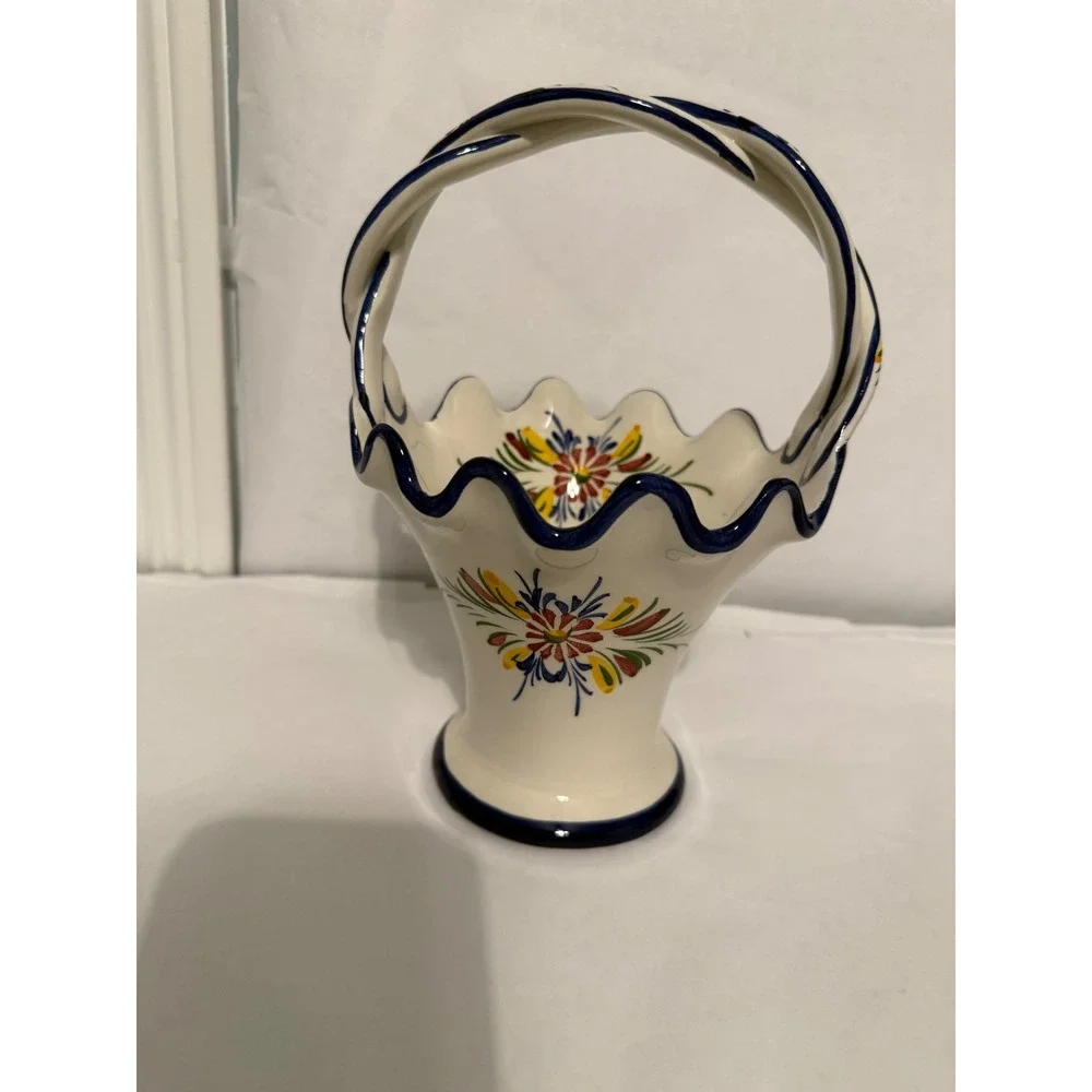 RCCL Portugal Hand Painted Ceramic Floral Basket Vase Twisted Handle Scalloped‎